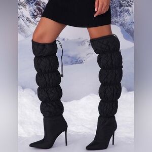SILHOUETTE Faux Patent Leather Quilted Thigh-High Stiletto Boots-Jet Black-8.5M